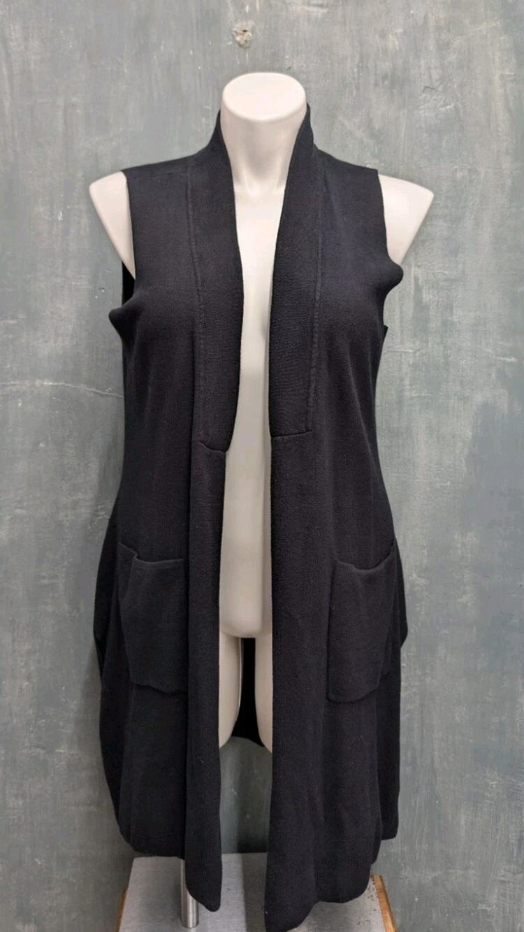 ELLE Vest XL Black Longline Open Front Cardigan Sleeveless Pockets Heavyweight